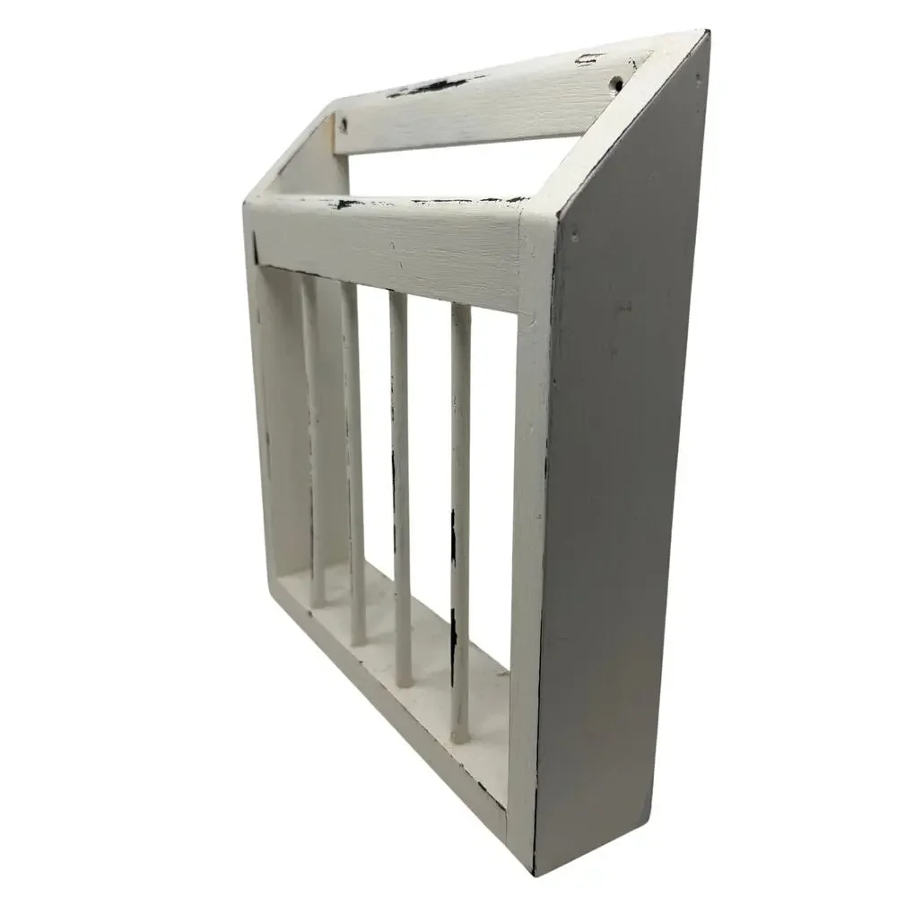 White Wood Slatted Wall Shelf Hanging Magazine Holder Rustic Farmhouse 13x12.5x3